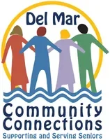 Logo for Del Mar Community Connections showing five diverse silhouetted figures holding hands above waves with the text 'Del Mar Community Connections Supporting and Serving Seniors'