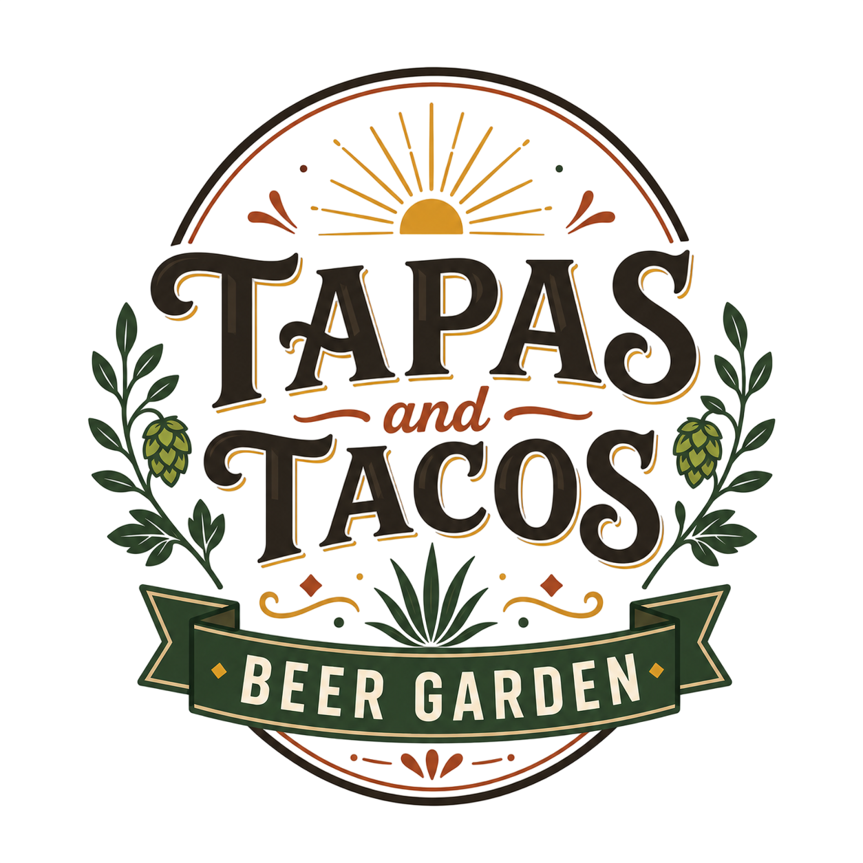 Logo for Tapas and Tacos Beer Garden with a sun rising above the text, surrounded by green hop plants and a banner that says 'Beer Garden'.