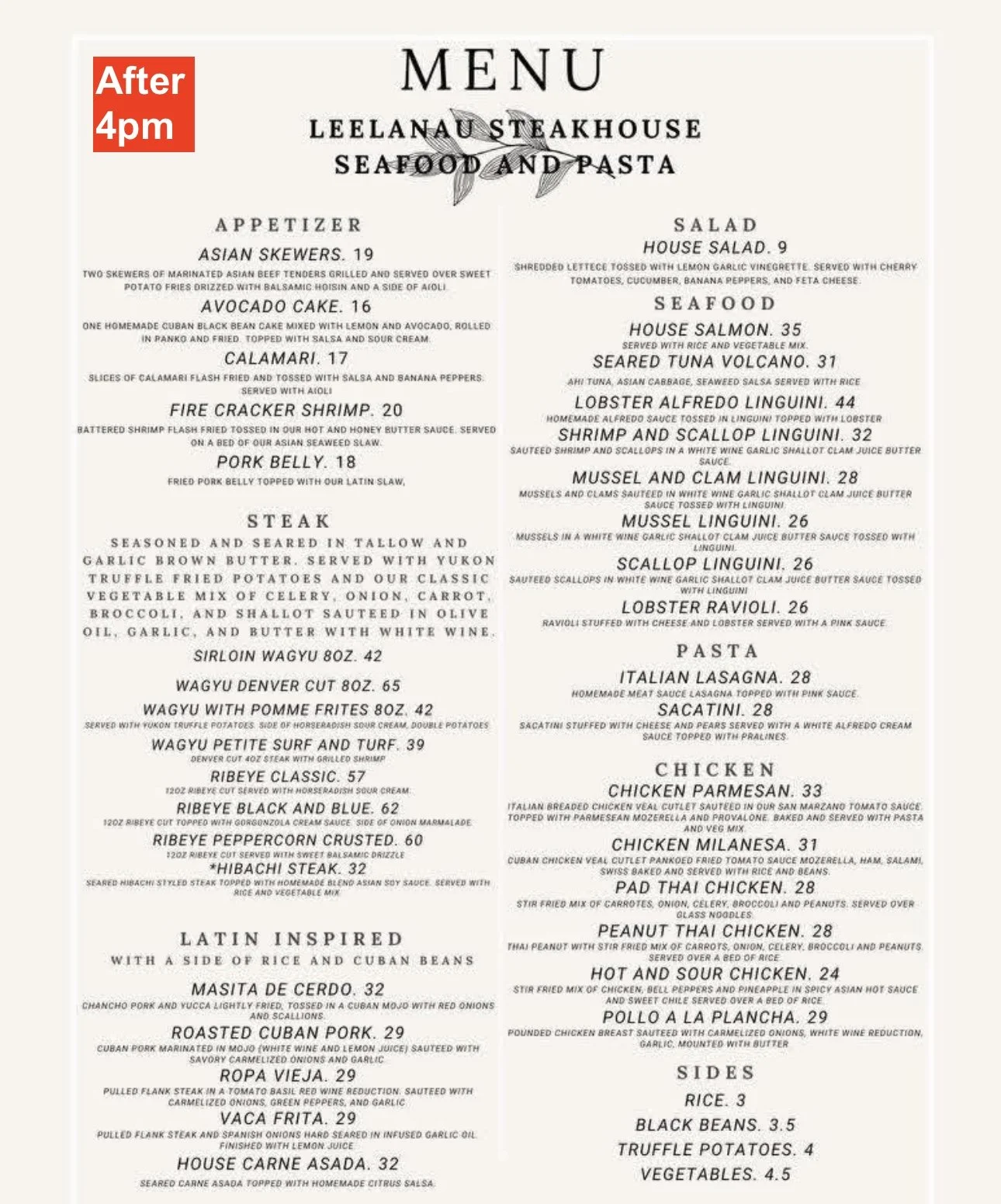 Leelanau Steakhouse After 4pm menu with steaks, seafood, appetizers, and Latin dishes. Vegetarian and gluten-free options available in Lake Leelanau, Michigan.