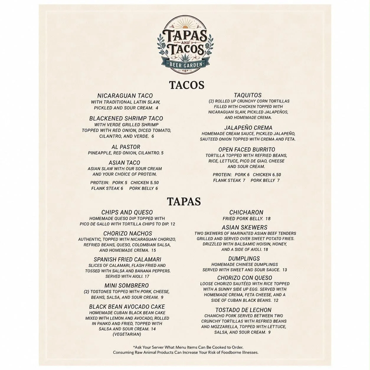 Tapas & Tacos menu with Latin-inspired tacos, tapas, taquitos, and more. Vegetarian and gluten-free options available in Lake Leelanau, Michigan.