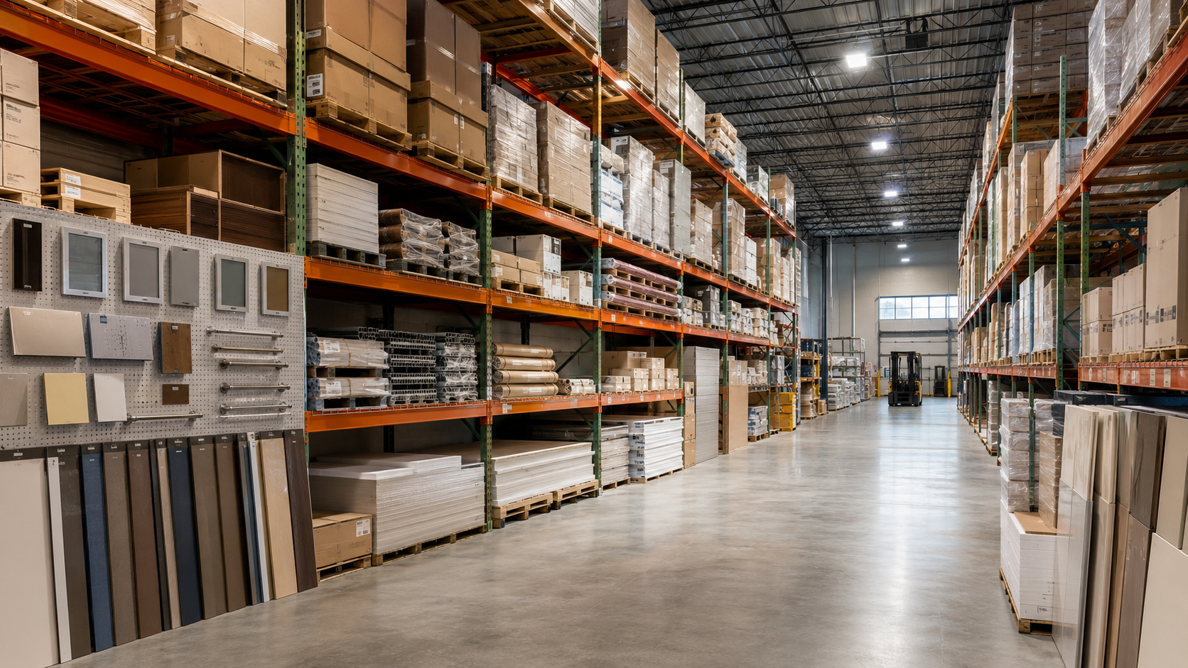 Warehouse aisle with metal shelves stocked with boxes, tiles, and hardware, with a forklift in the background.