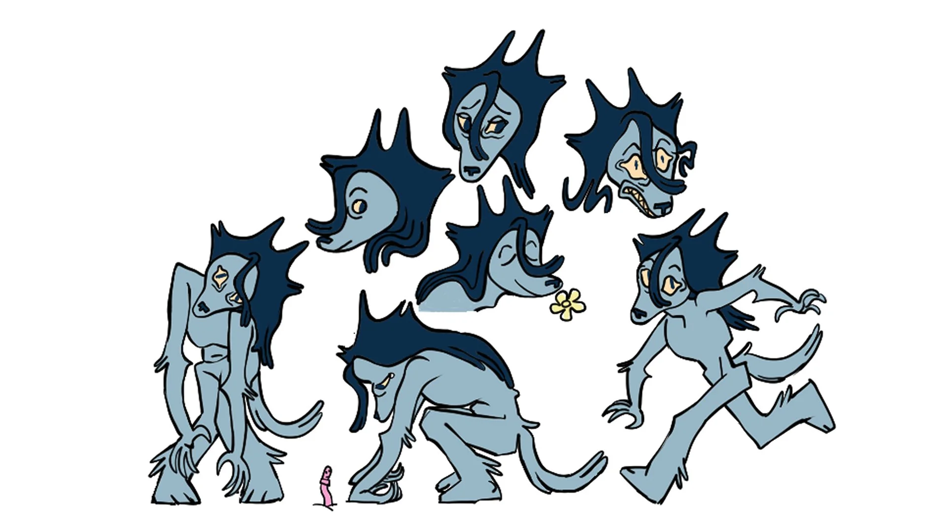 A cartoon illustration of nine blue wolves in various poses different facial expressions