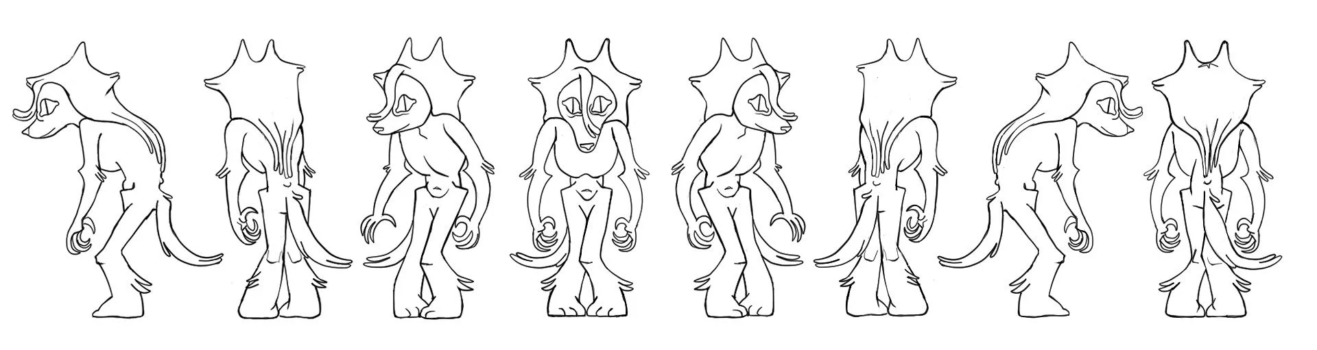 Line drawing of wolf character turn around
