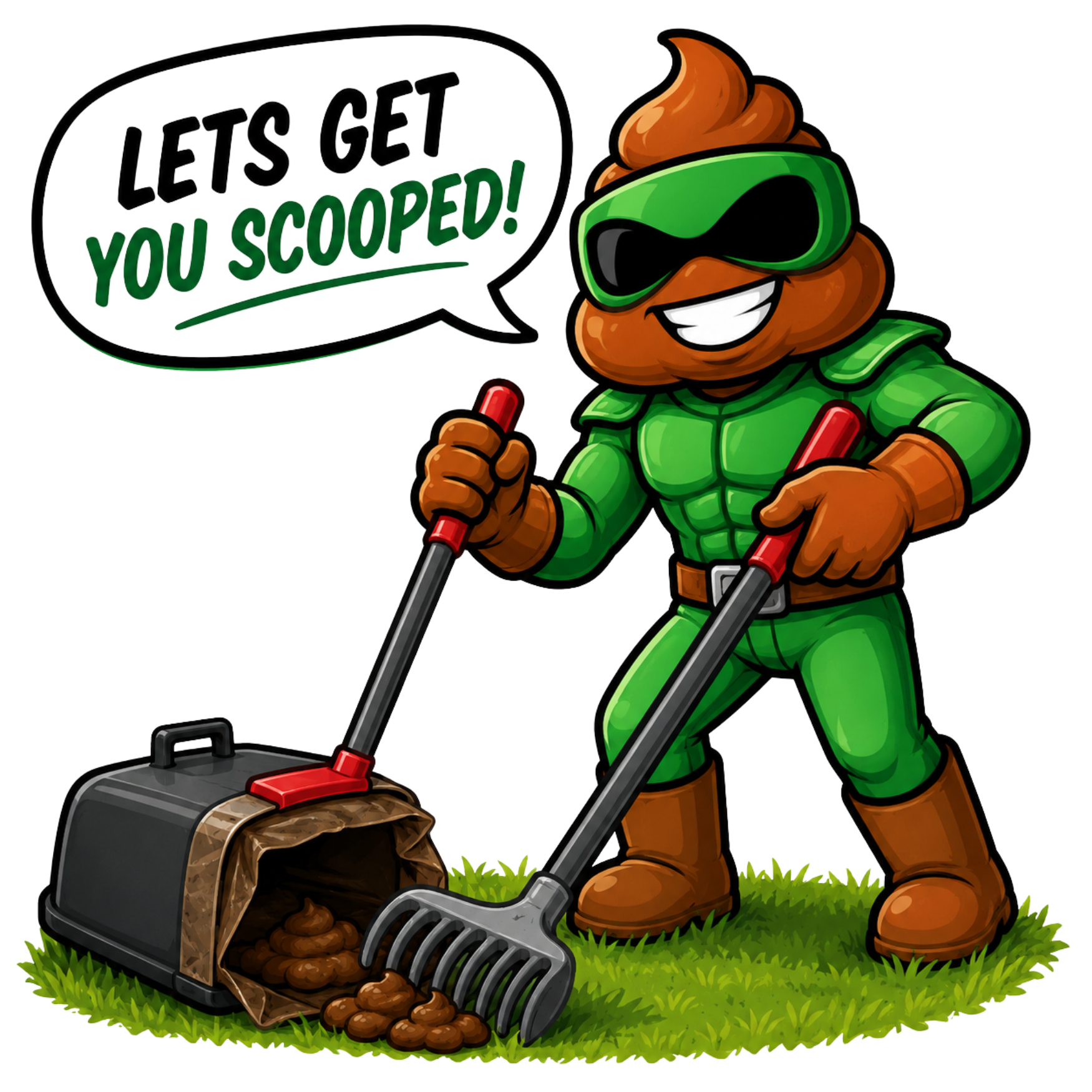 Cartoon character dressed in green with brown hair and sunglasses, smiling, using a rake to collect dirt and grass, with an open garbage bag nearby. Speech bubble says 'LET'S GET YOU SCOOPED!'