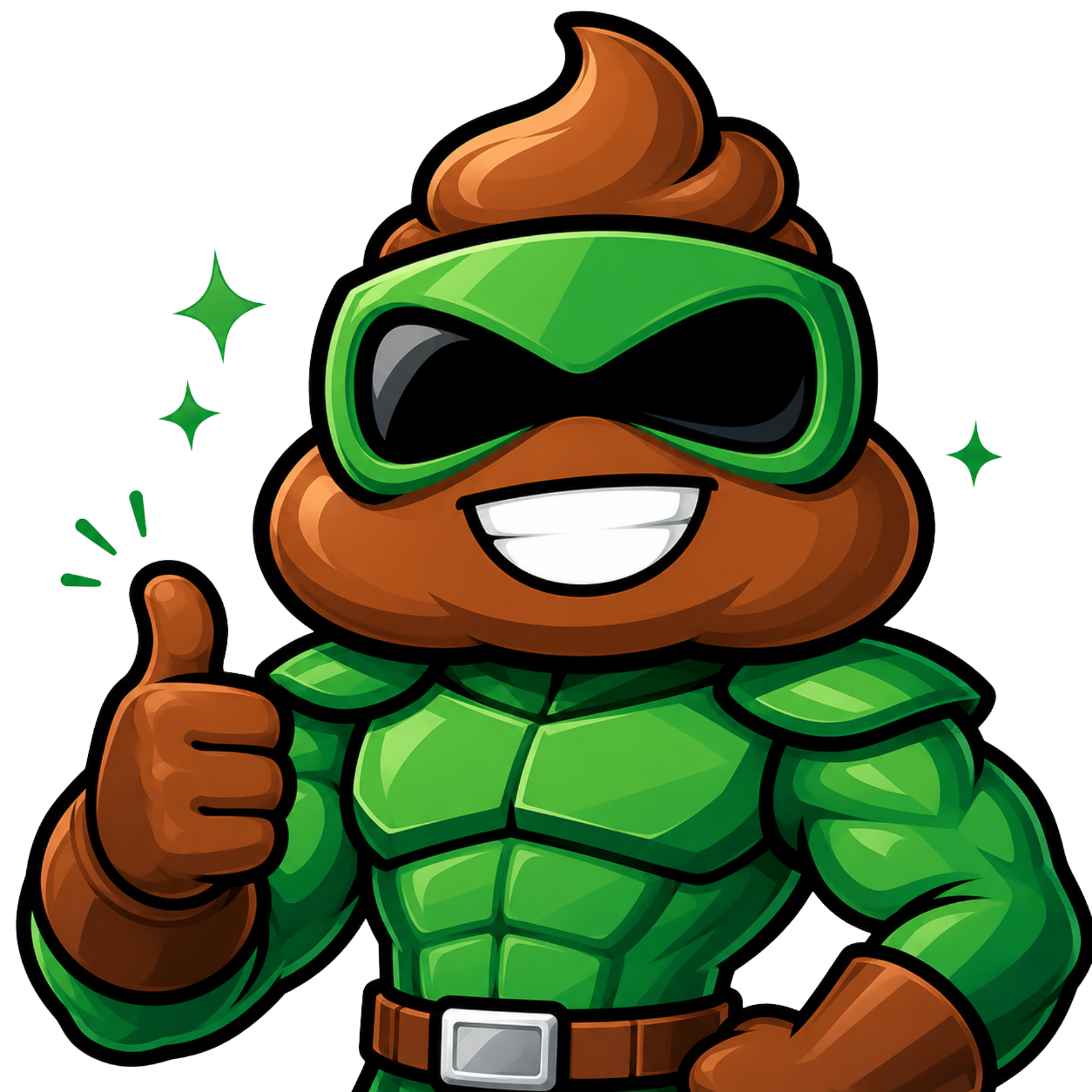 Cartoon of a poo emoji wearing a green turtle shell and goggles, giving a thumbs up.