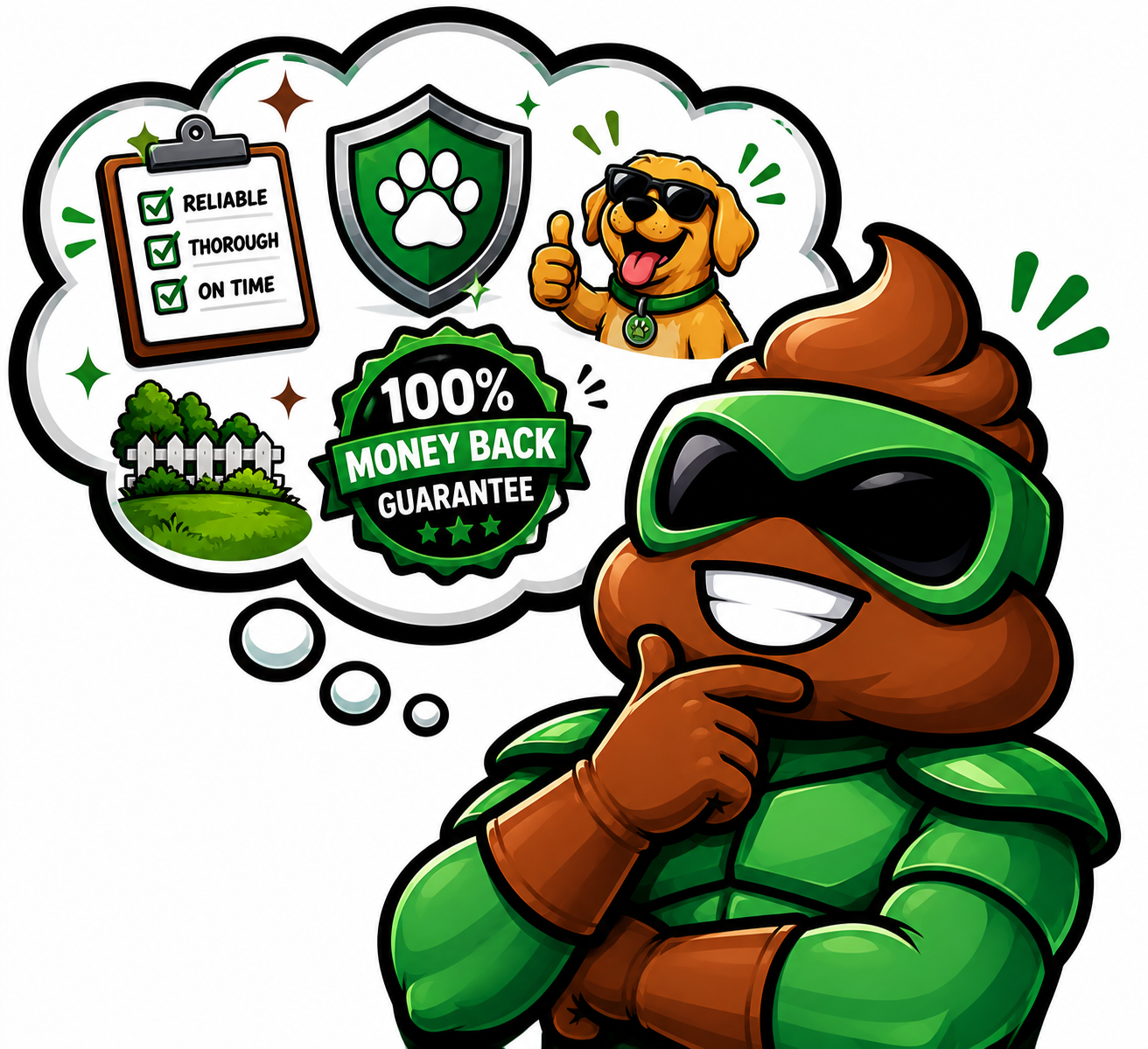A cartoon poop character wearing green goggles and a green costume, with a thinking pose and a smile. There are thought bubbles containing a happy dog wearing sunglasses, a shield with a paw print, a checklist of reliability, thoroughness, and punctuality, a house with a white picket fence, and a badge offering a 100% money-back guarantee.