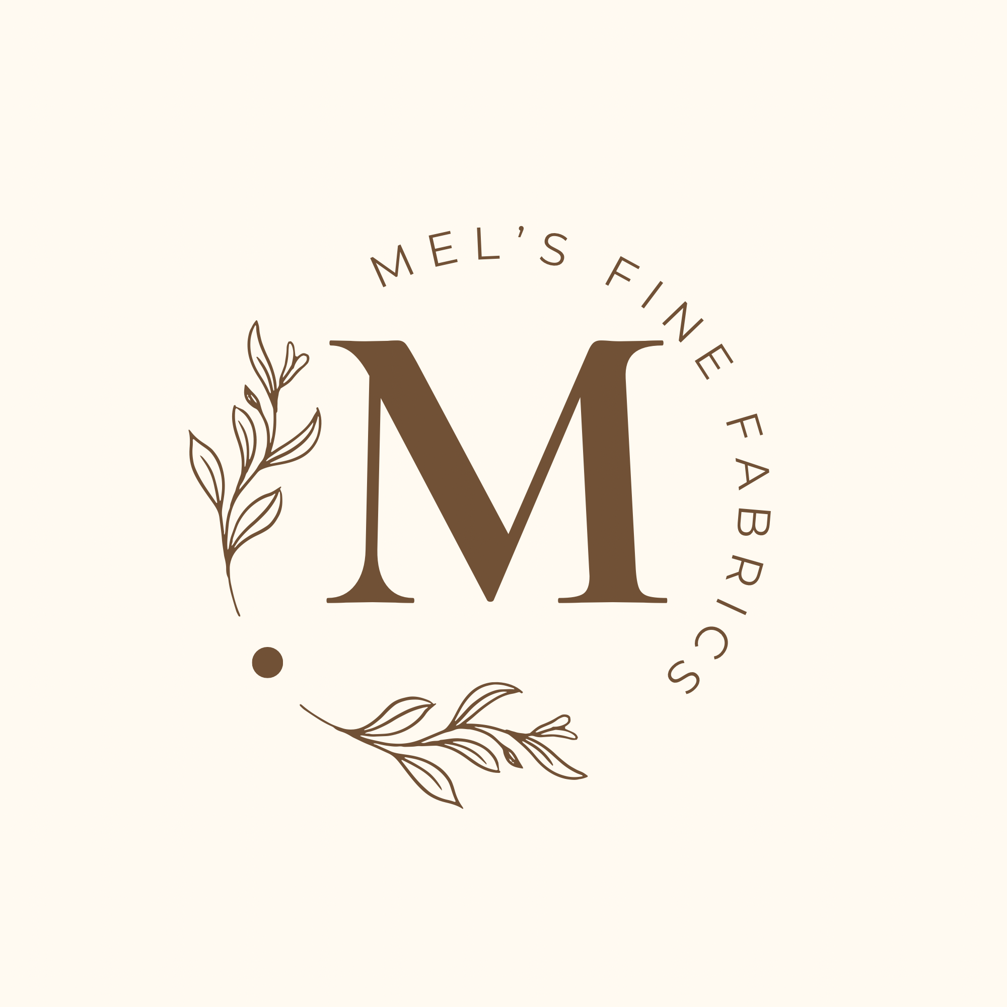 Decorative logo with a large stylized letter 'M' surrounded by leaves and the words 'Mel's Fine' and 'Farmers Market' arranged in a circular pattern around the 'M.'