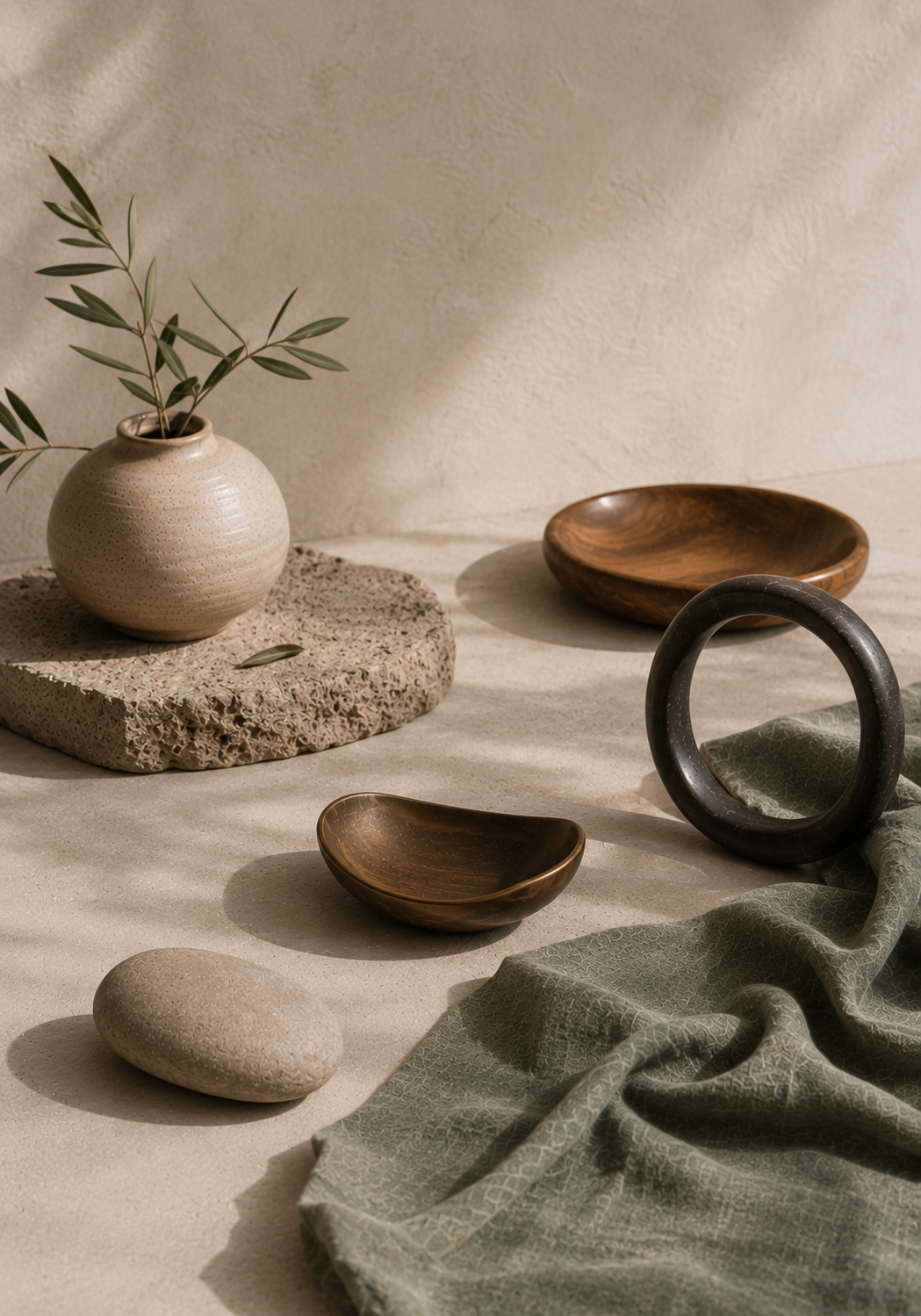 Ceramic, wood, stone, dark metal, and softly draped sage textile rest with open space in warm daylight, suggesting retained strength, greater flexibility, choice, regulation, and ease.