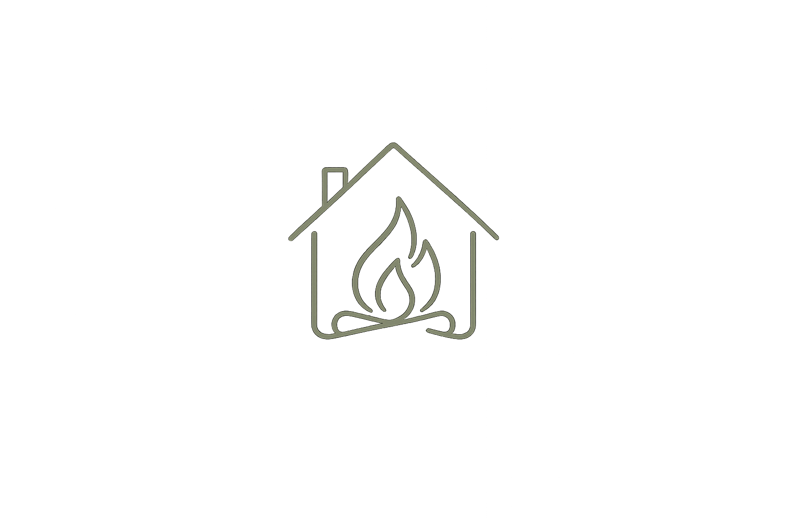 Forest sage line icon of a warm hearth, representing safety, comfort, and connection in telehealth therapy.