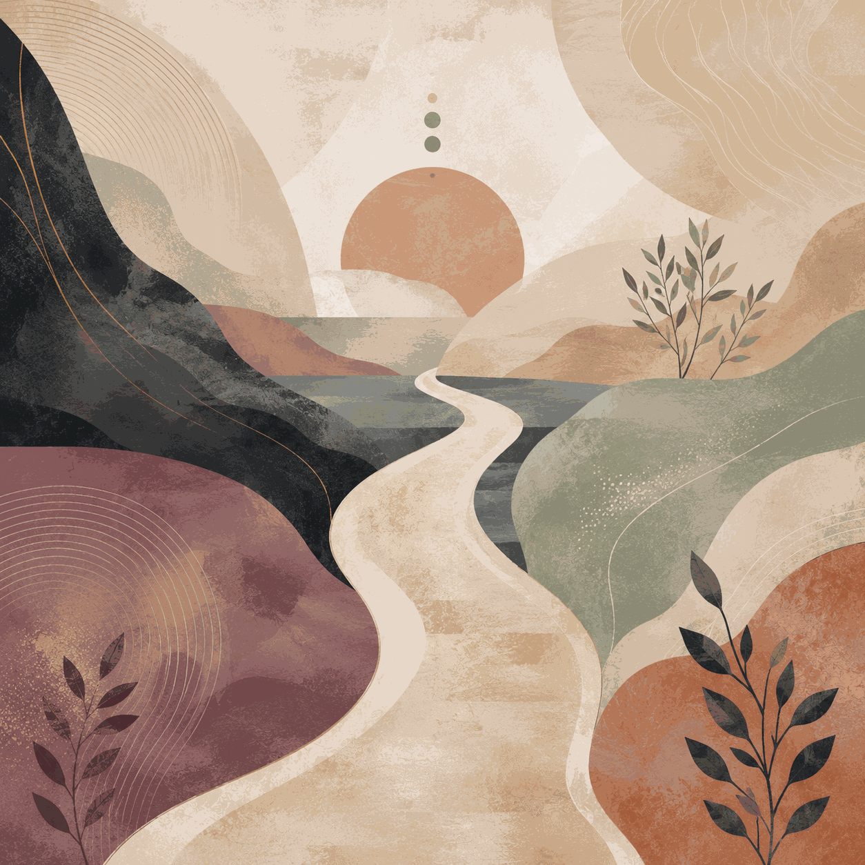 An abstract landscape with a winding path moving between contrasting shapes and colors, symbolizing Dialectical Behavior Therapy, balance, mindfulness, and emotional regulation.