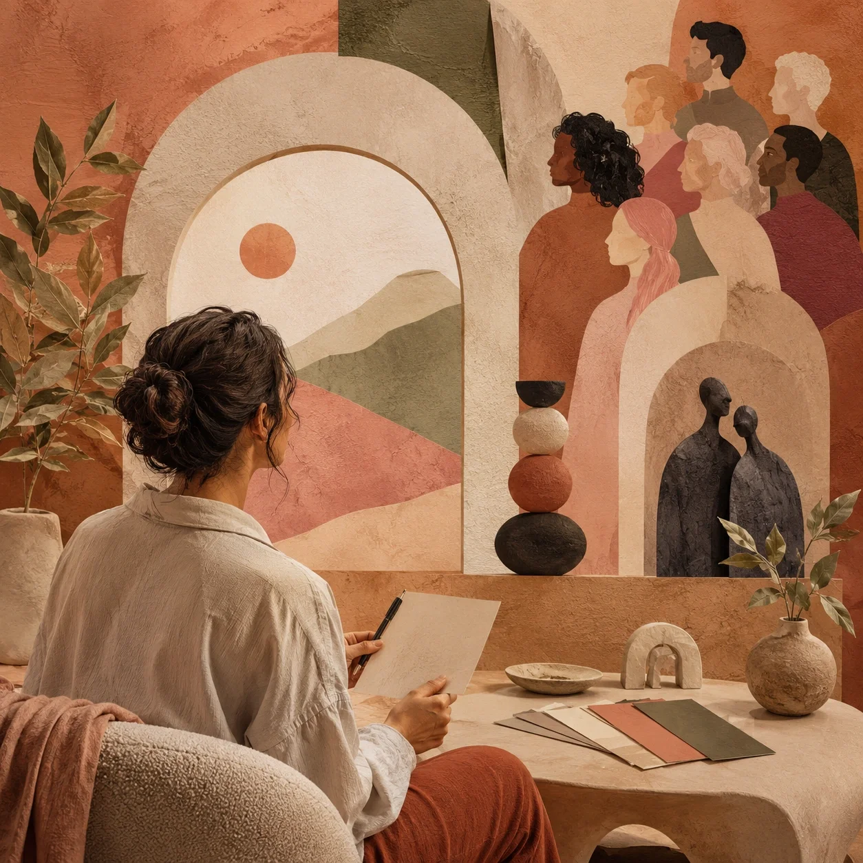 Postmodern therapy-inspired scene with a person preparing a first message, warm arches, reflective figures, and an inquisitive mood.