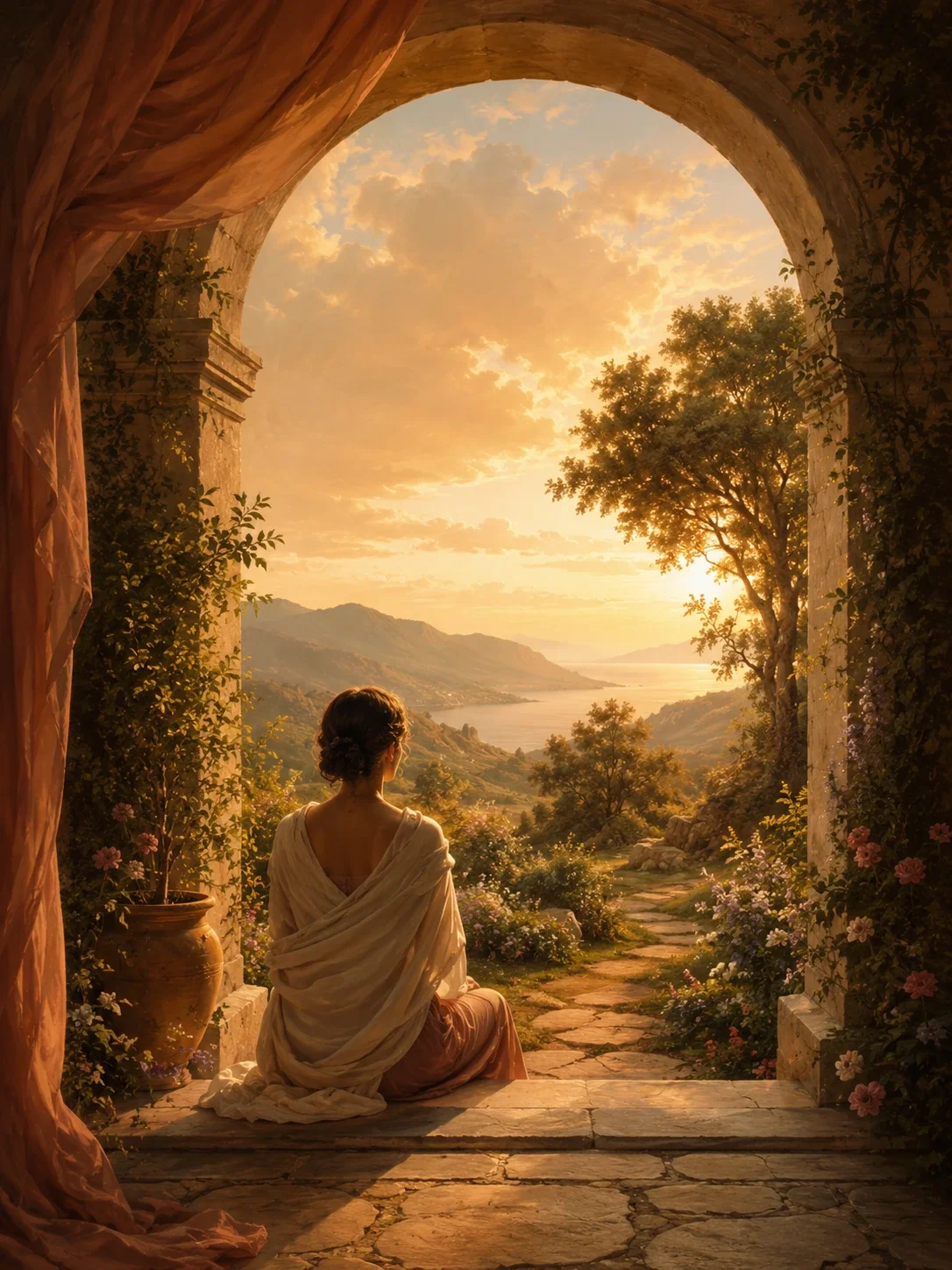 A seated figure rests beneath a sunlit stone archway overlooking a peaceful garden path, hills, and water at sunrise.
