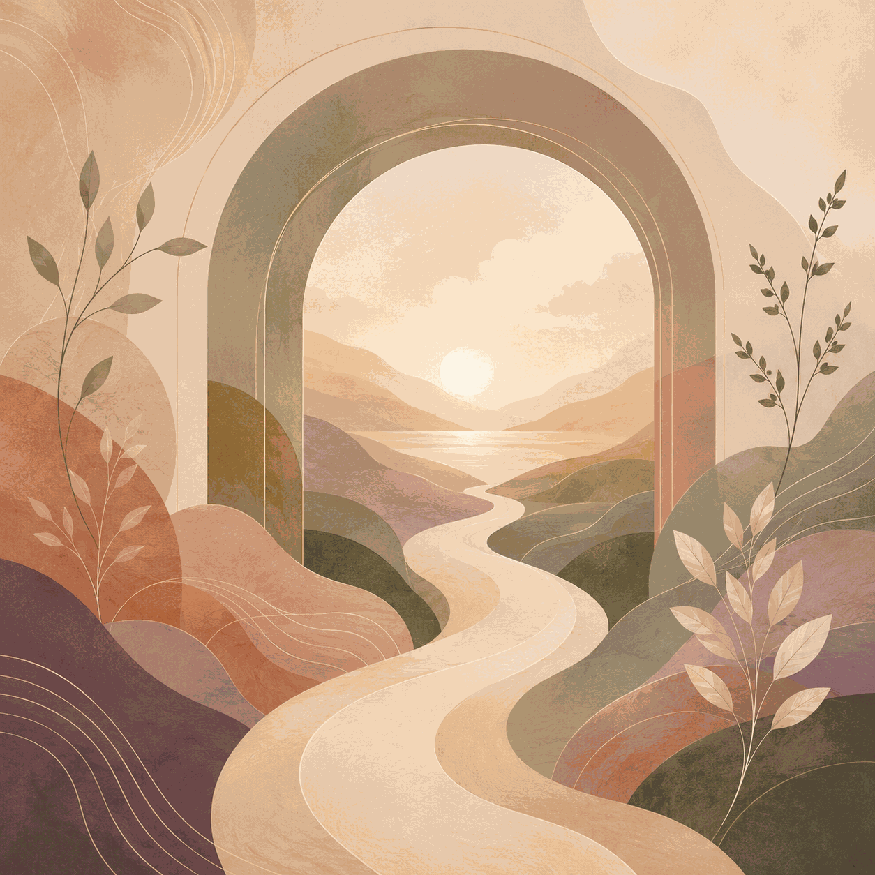An abstract landscape with a winding path moving through layered hills and a soft archway toward a glowing horizon, symbolizing WPATH-informed care, identity, self-determination, and affirming support.