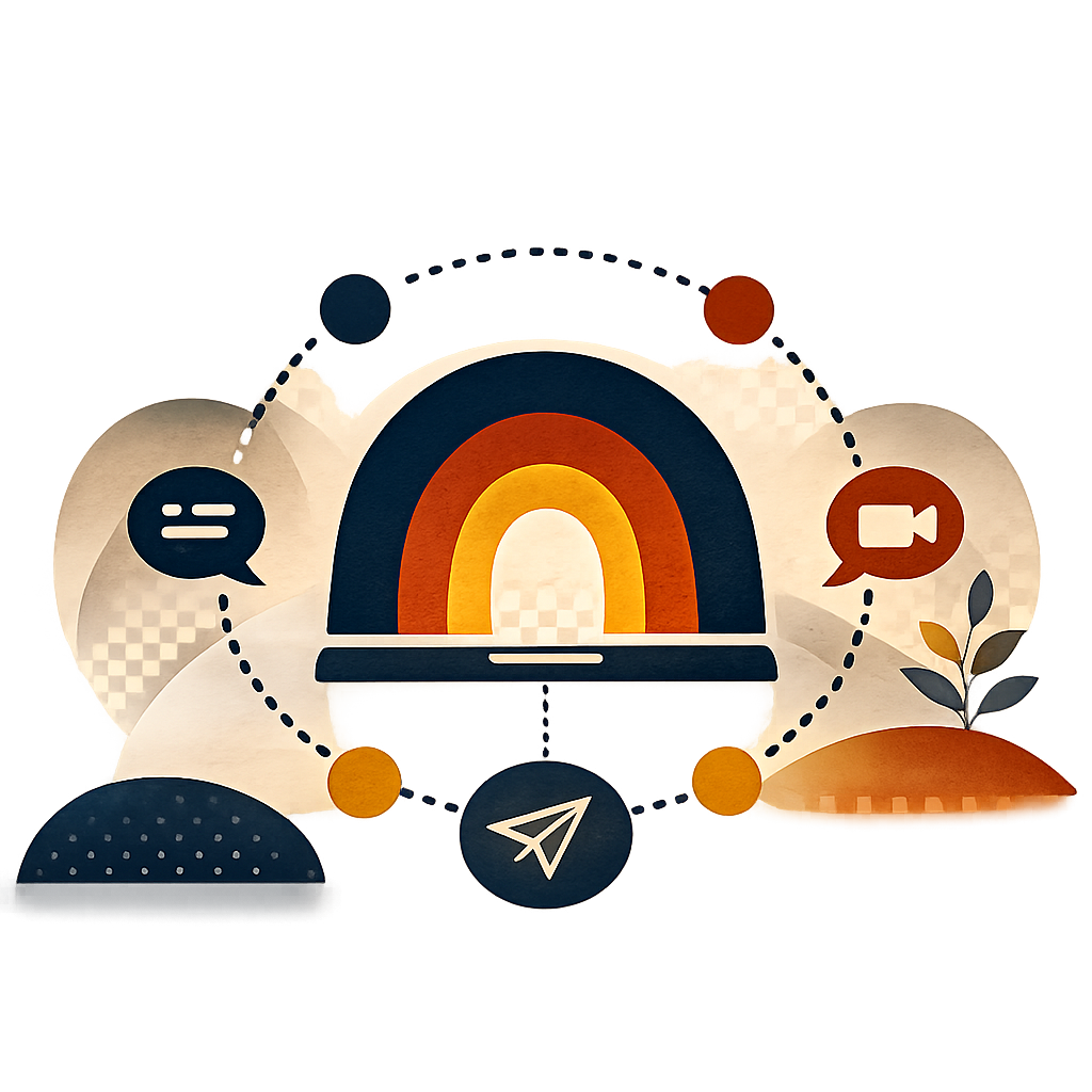 Conceptual Tava Health icon with a central arch and connected communication symbols.