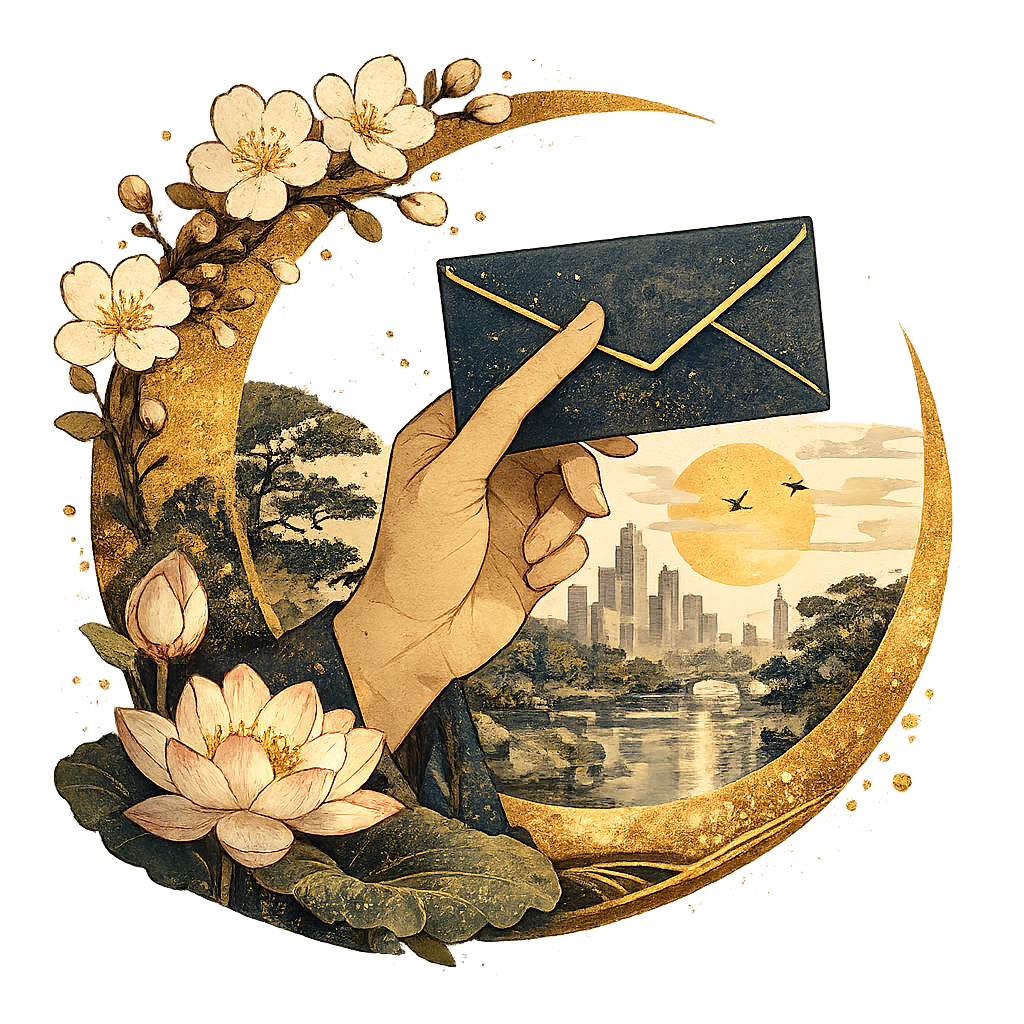 Japonism-inspired icon of a hand holding an envelope, framed by blossoms, lotus flowers, water, and a soft city skyline