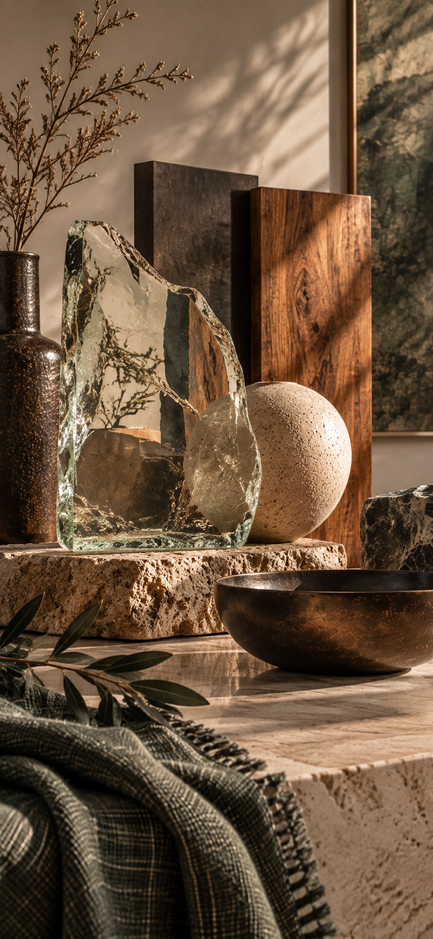 Translucent glass, ceramic, stone, warm wood, dark metal, and sage textile overlap in soft daylight, suggesting multiple perspectives, interpretation, complexity, and different ways of understanding.