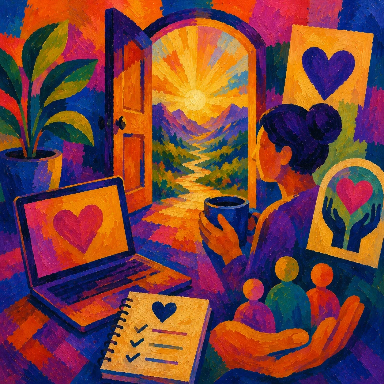 Fauvist-style image of a person with a laptop, support symbols, and an open doorway leading to a bright landscape.