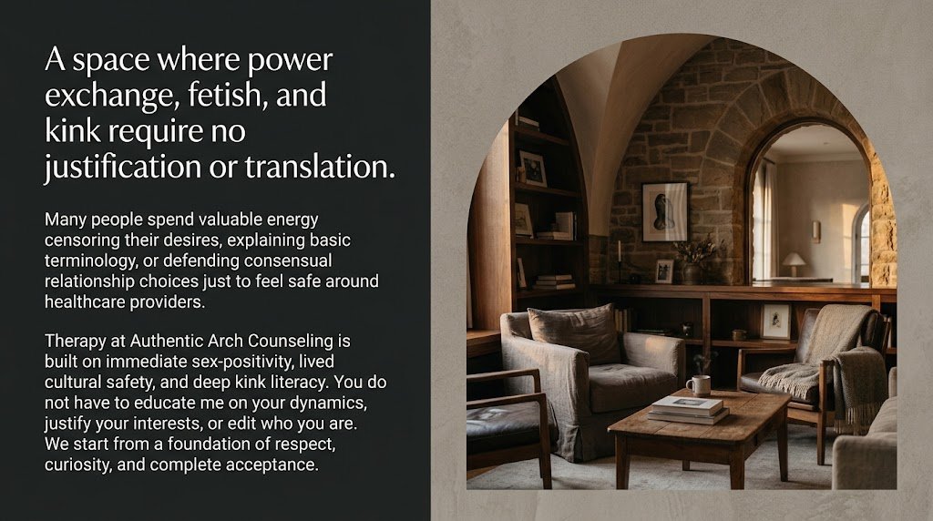Authentic Arch Counseling hero section featuring text about sex-positive and kink-literate therapy alongside a warm, softly lit room with architectural stone arches.