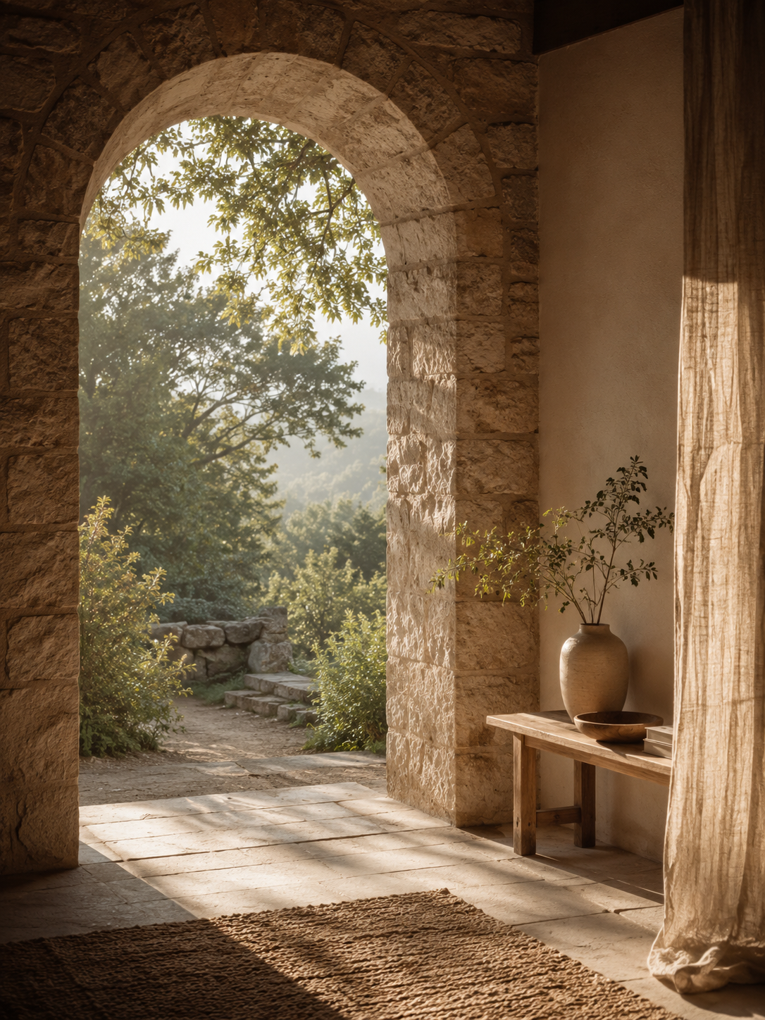 Minimalist stone archway in warm morning light, framing a peaceful garden path. Natural stone, wood, and linen textures with soft shadows and muted earth tones create a calm, welcoming atmosphere.