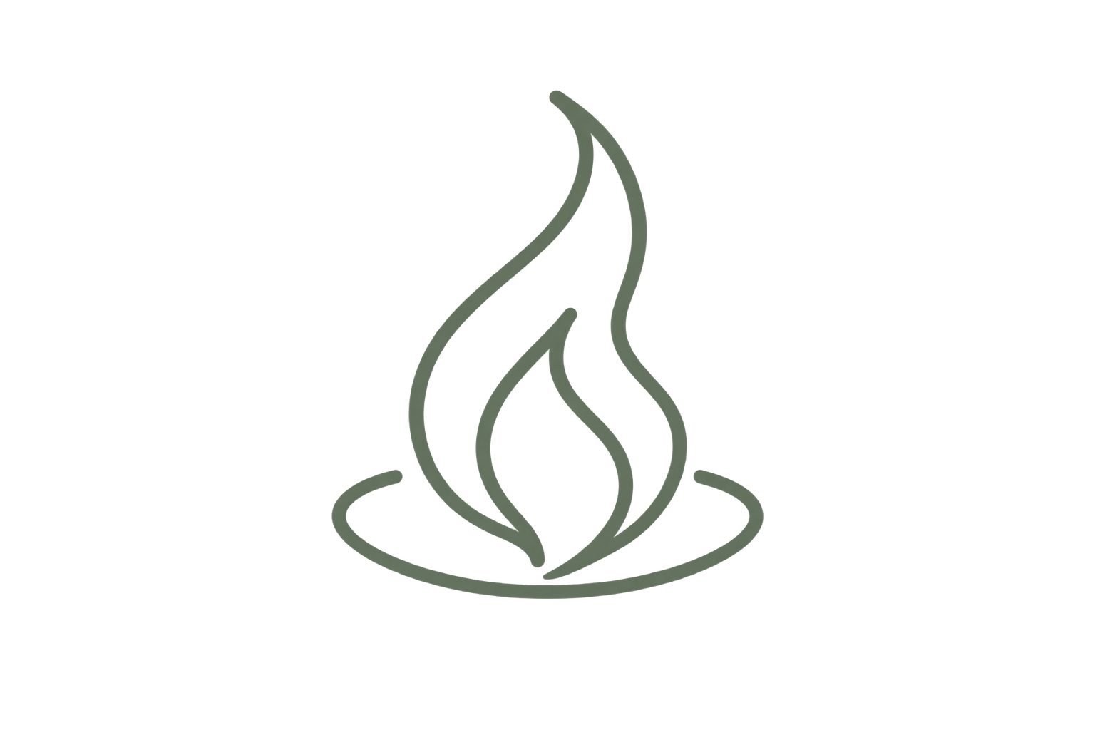 Minimal monoline quiet flame cradled by a gentle hearth in muted Forest Sage, symbolizing warmth, inner steadiness, refuge, hope, and renewal.