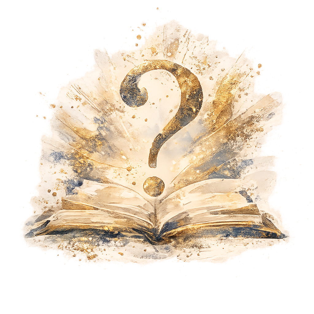 Abstract open book with expressive gold and blue brushwork and a question mark above it.