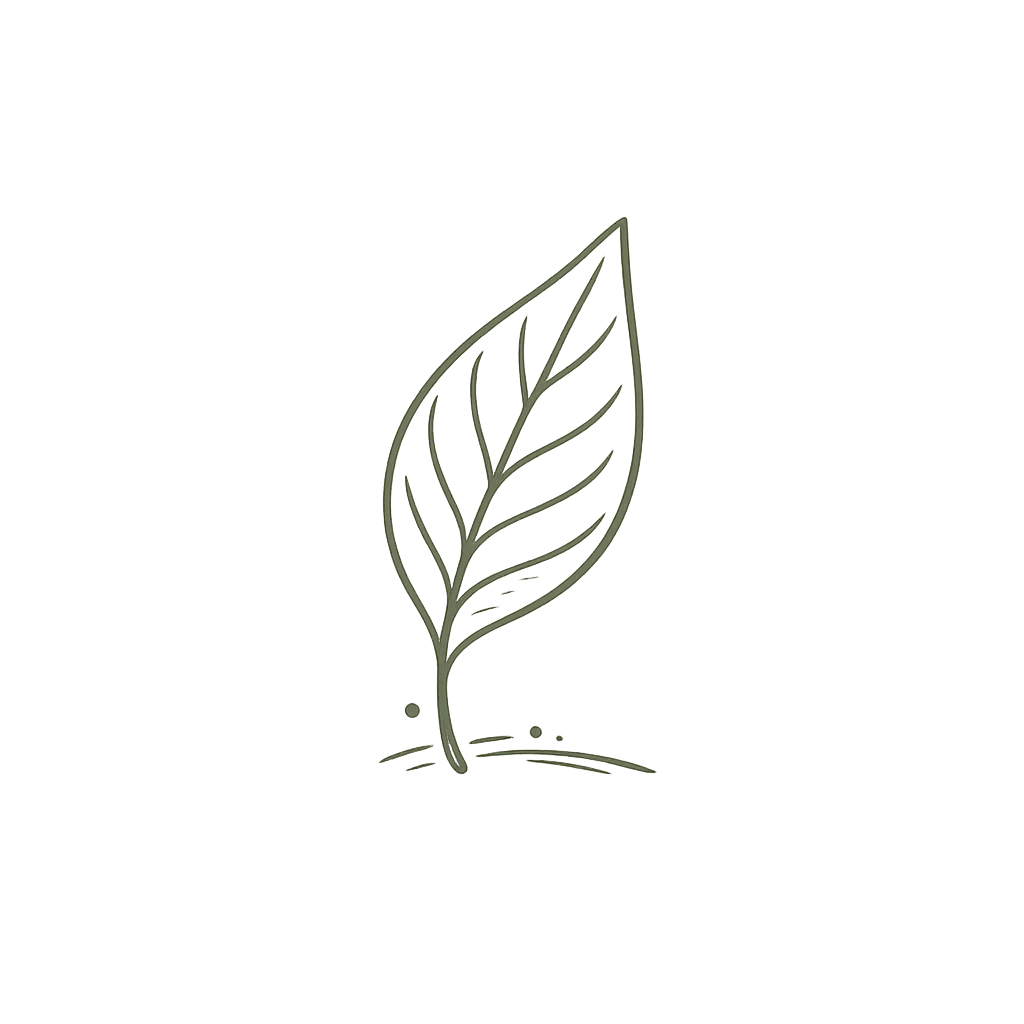 Minimal forest sage line-art leaf icon with a gently curved stem and delicate veins. The simple organic design symbolizes growth, renewal, resilience, healing, and living in harmony with nature.