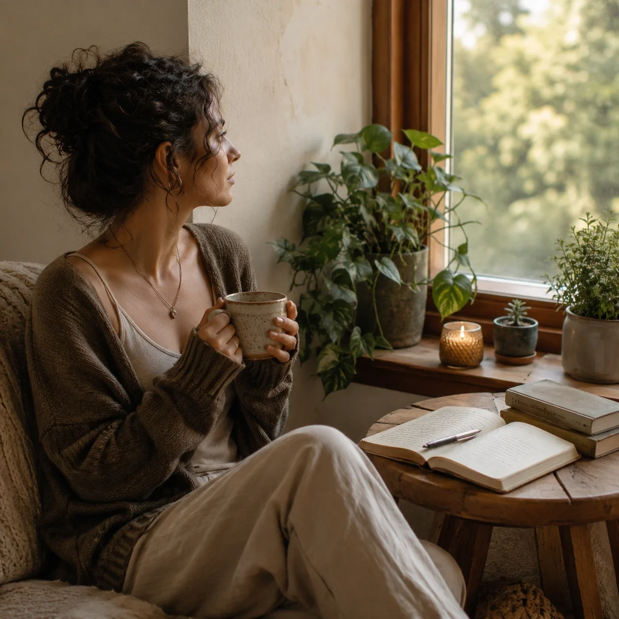 Person sitting by a sunlit window with tea, plants, and an open journal.
