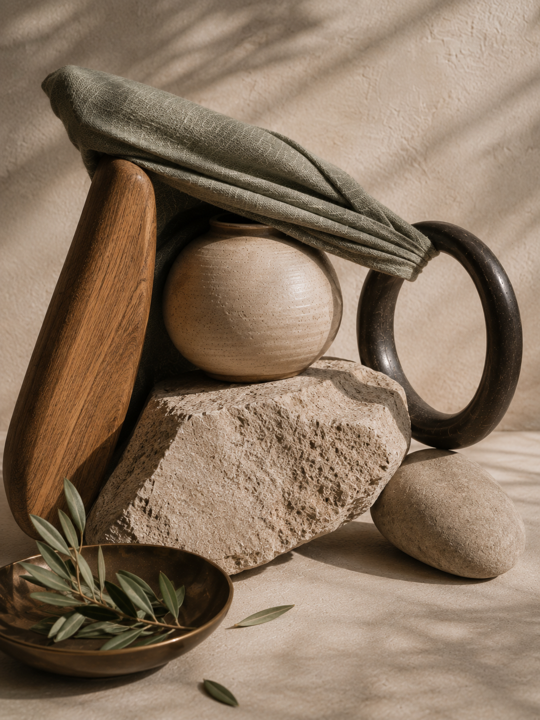 Wood, ceramic, stone, dark metal, and taut sage textile brace and support one another in soft daylight, creating a stable composition that suggests vigilance, adaptation, resilience, and protection.