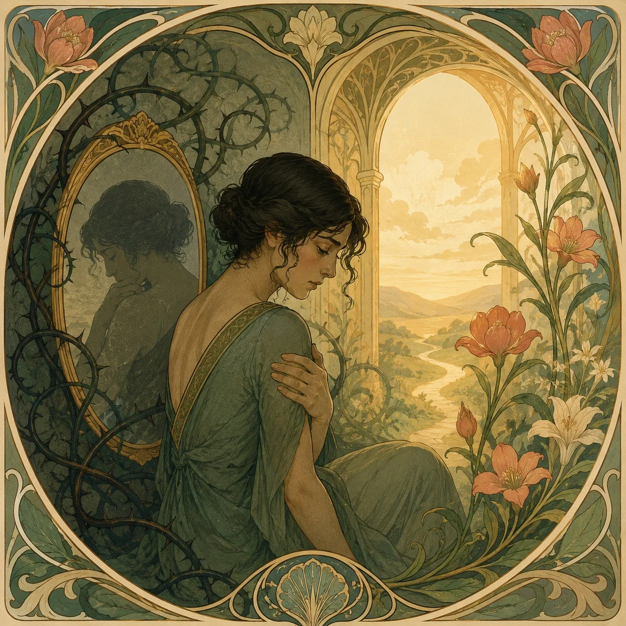 Art Nouveau-style illustration of a person in a self-protective pose beside a shadowed reflection and thorn-like vines, with warm light and flowers beyond, symbolizing self-criticism, shame, and the possibility of compassion and healing.