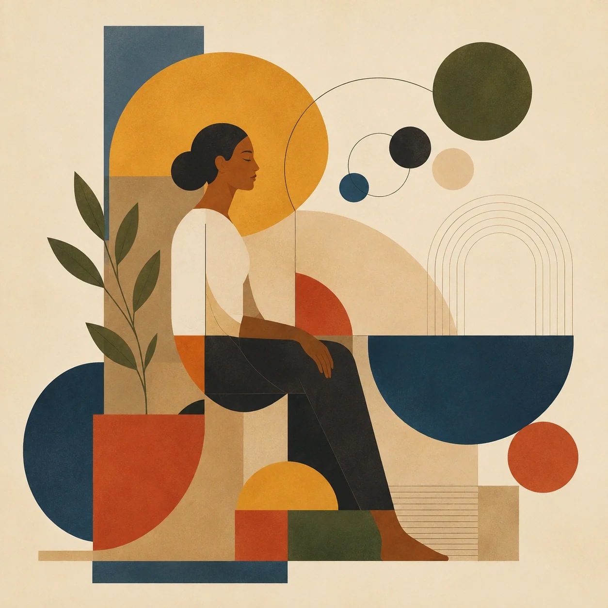 Bauhaus-style illustration of a seated adult surrounded by warm geometric shapes, suggesting reflection, spaciousness, and slowing down.