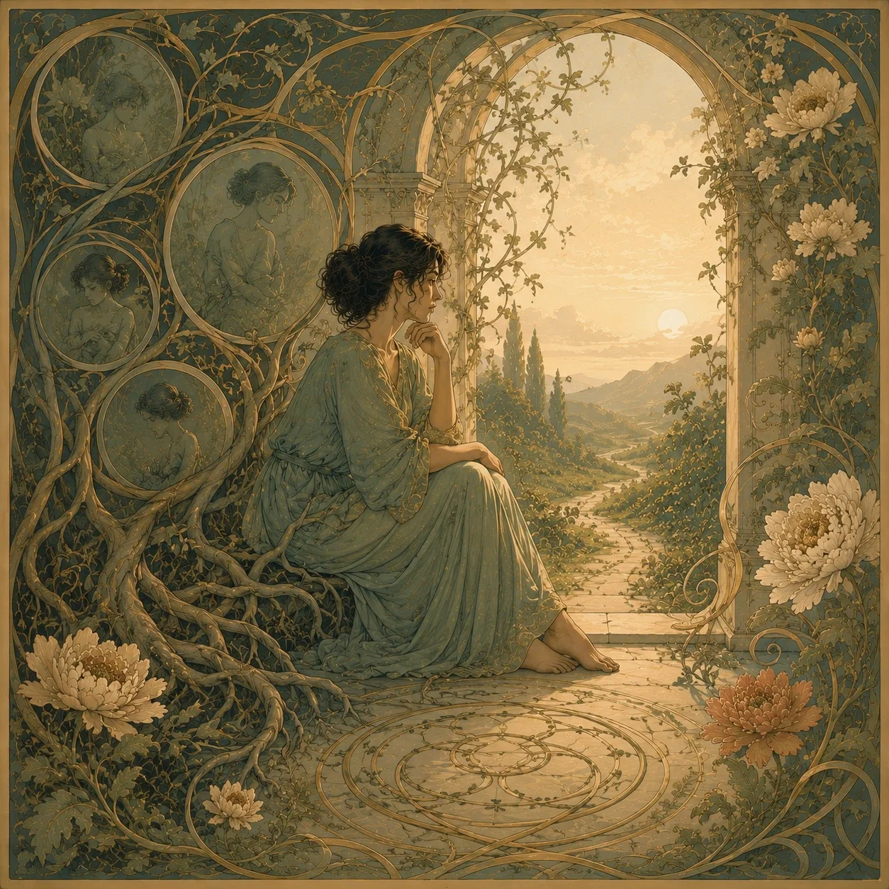 Art Nouveau-style illustration of a contemplative adult seated near an archway, surrounded by roots, circular reflections, flowers, and warm light, symbolizing core beliefs, old internal rules, and the possibility of change.