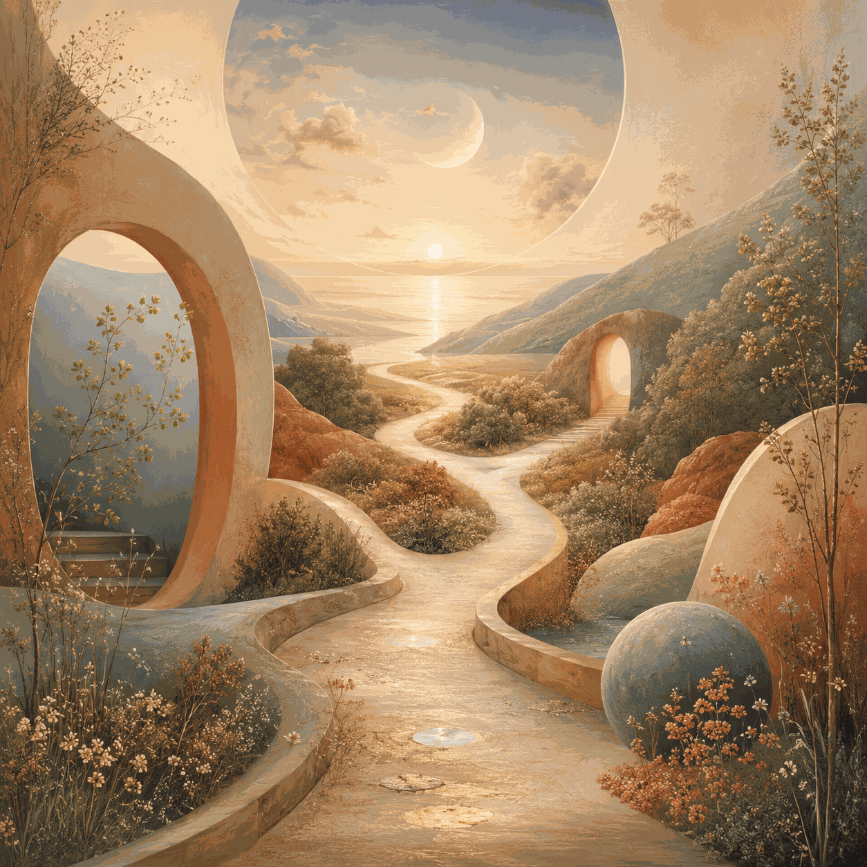 A surreal landscape with branching sunlit paths, rounded archways, and an open glowing horizon, symbolizing self-trust, choice, and moving forward with confidence.