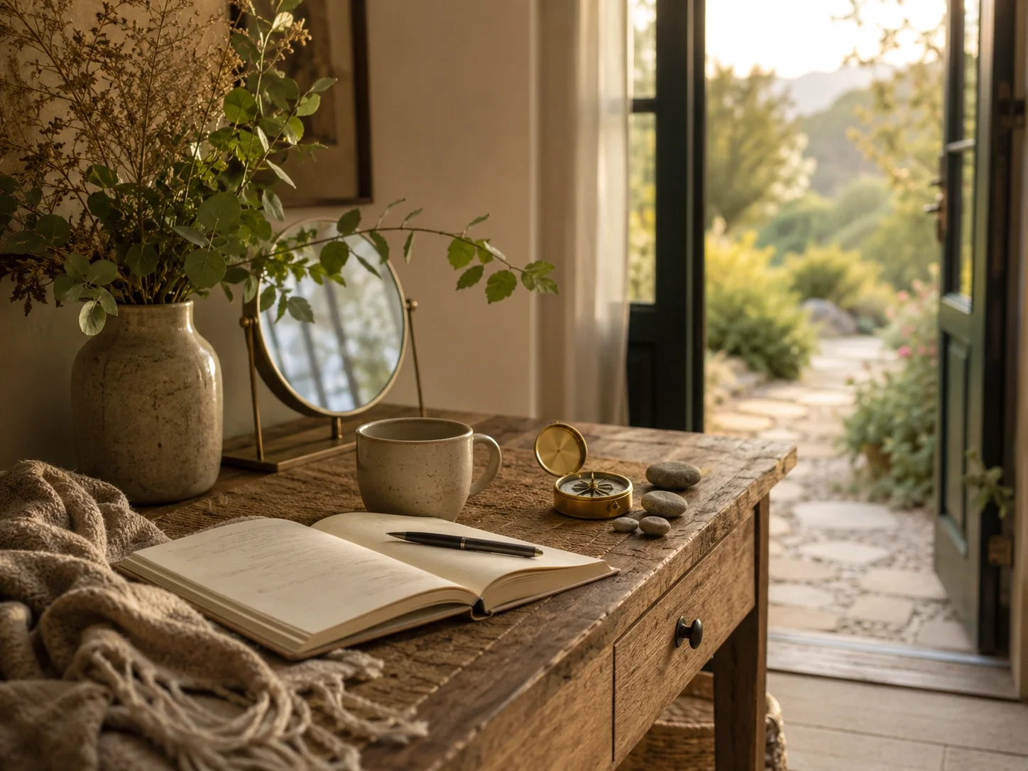 Non-clinical identity, burnout, and life transitions specialty page image with an open journal, ceramic mug, mirror, compass, grounding stones, soft blanket, greenery, and an open doorway to a sunlit garden path.