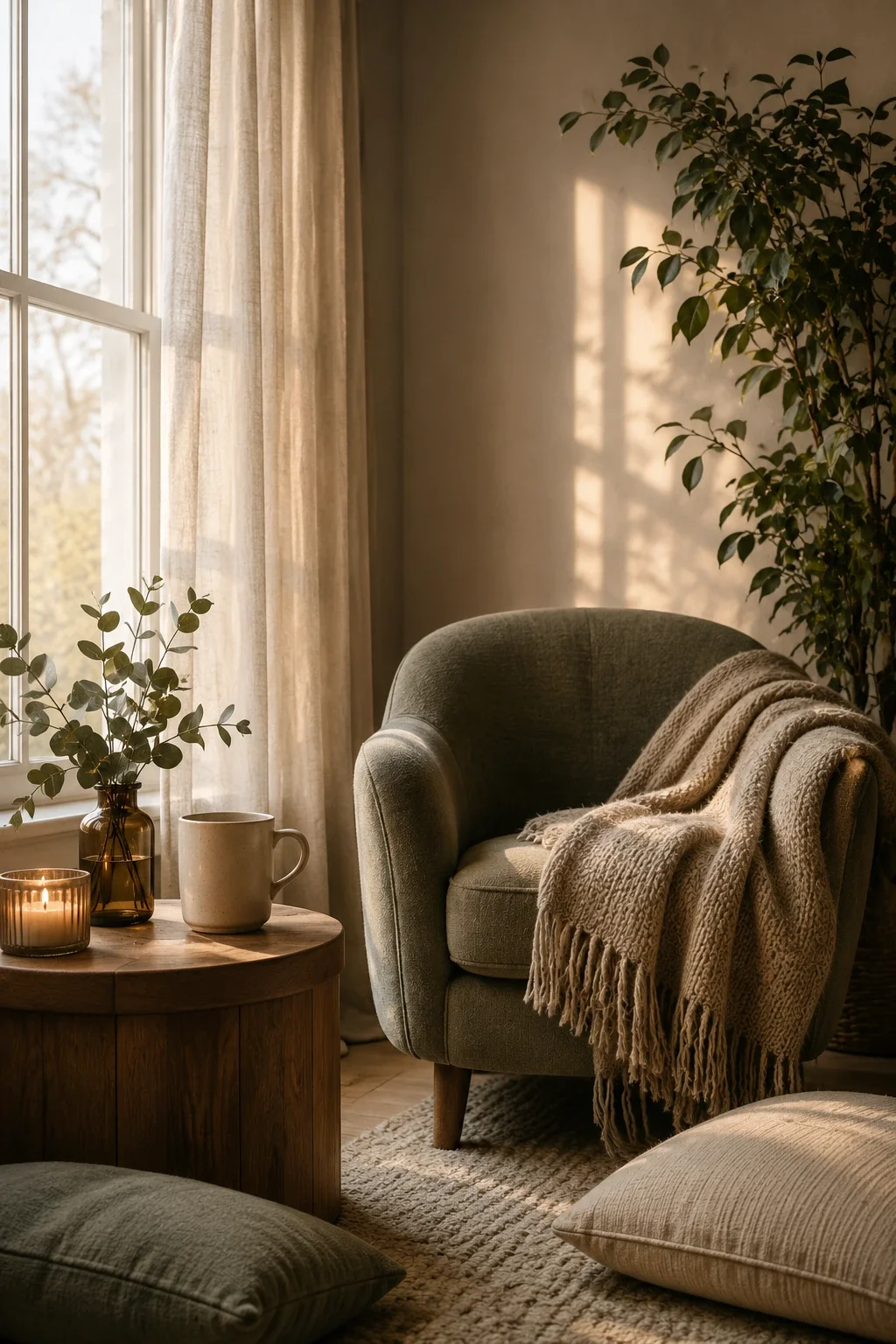 Compassionate therapy room with soft sunlight, a cozy chair, warm blanket, candle, plants, and calming natural textures.