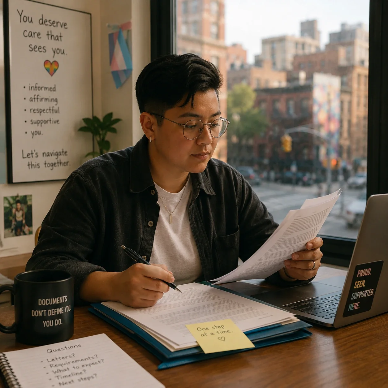 A person sits at a desk by a city window, reviewing paperwork with a laptop, plants, and warm supportive decor nearby.