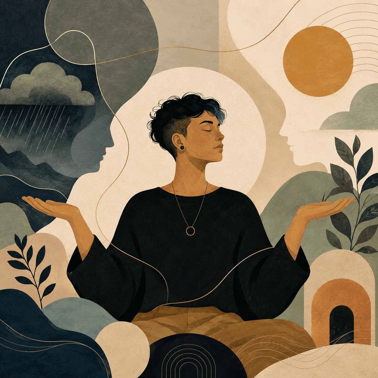 Avant-garde square illustration of a calm nonbinary person holding two open hands between stormy darkness and warm light, symbolizing holding more than one truth, emotional balance, and dialectical thinking.
