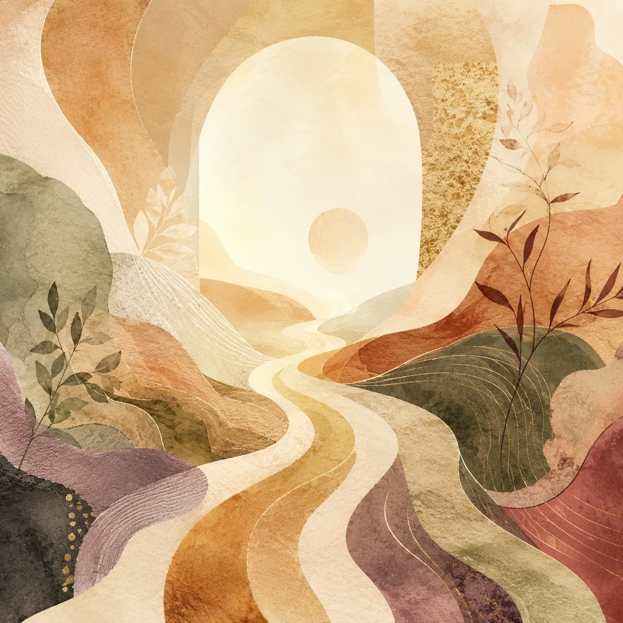 An abstract landscape of winding pathways leading toward a glowing arch, symbolizing Acceptance and Commitment Therapy, values-based movement, and psychological flexibility.