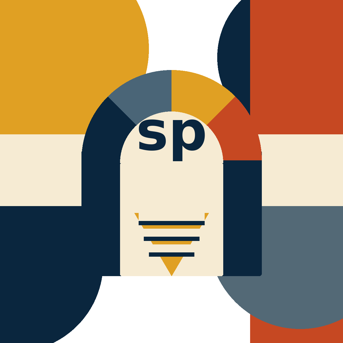 Bauhaus-style transparent icon with a geometric arch and stylized SimplePractice initials.