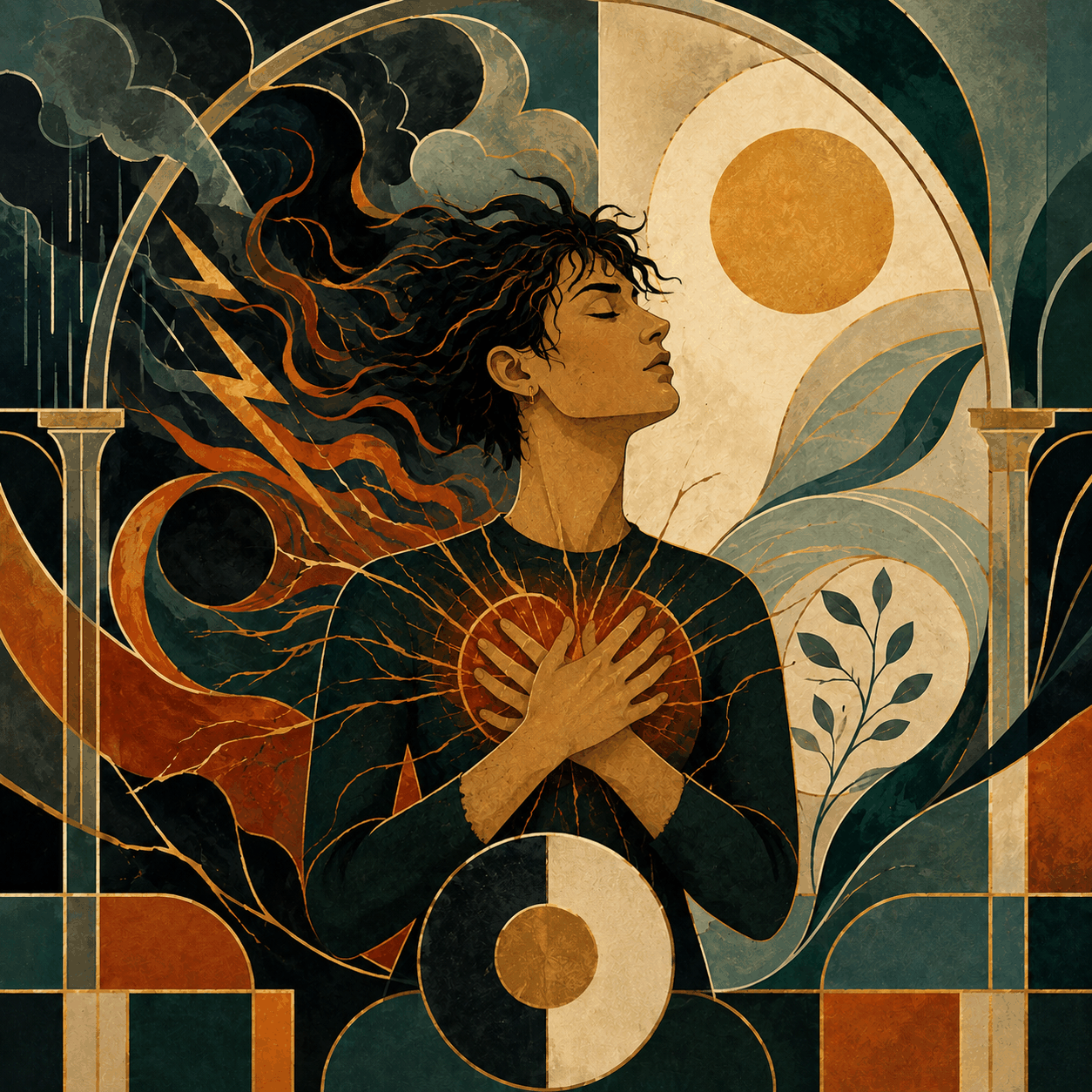 Avant-garde square illustration of a nonbinary person holding their chest between storm-like shapes and warm balanced light, symbolizing emotional intensity, grounding, and inner steadiness.