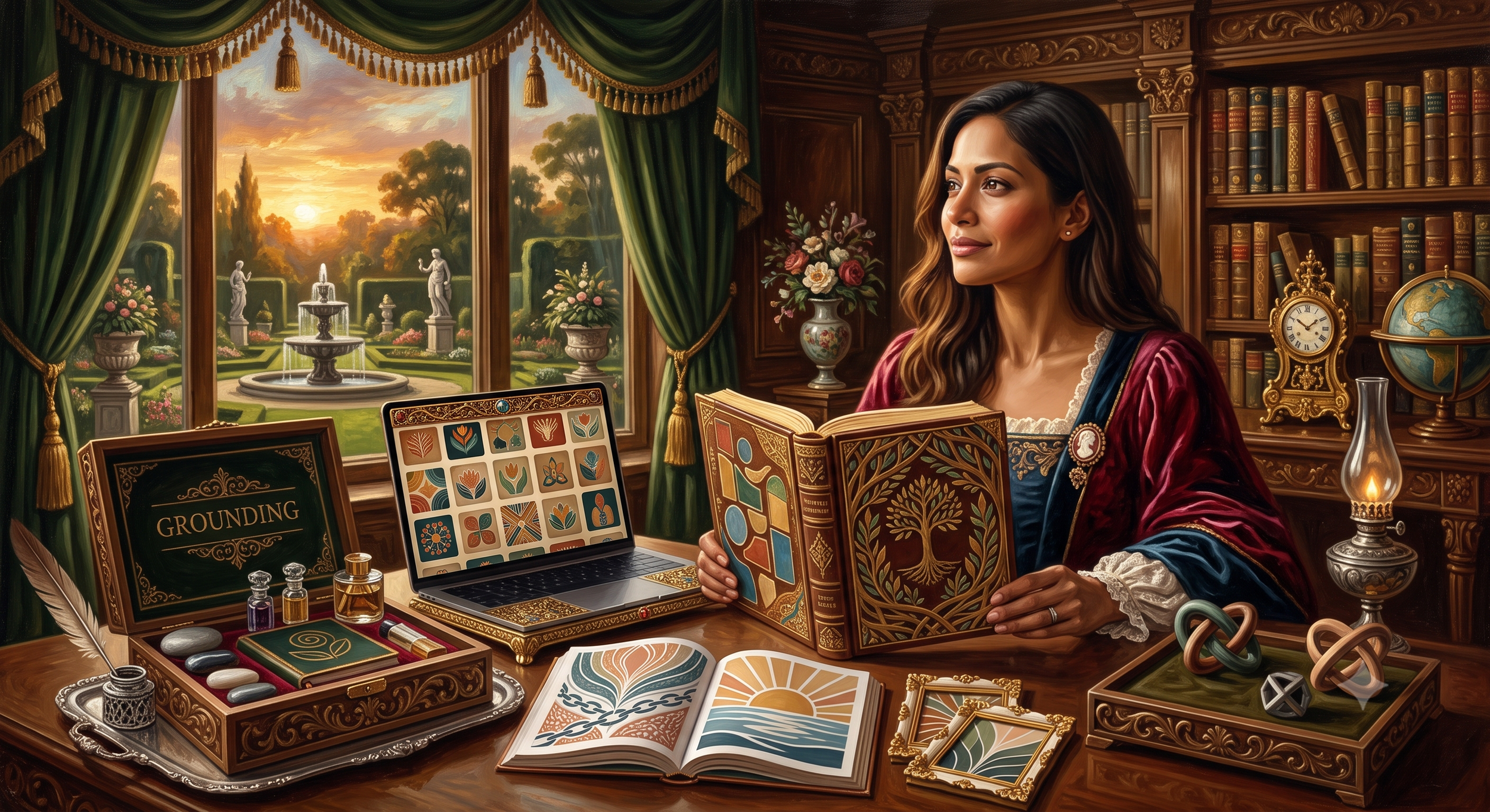A contemplative woman in a velvet gown in a study, looking out a large window at a Renaissance garden with a fountain. She holds a book. Her desk has an old-world mix of objects: grounding box, quill, books, and a modern laptop with icons.