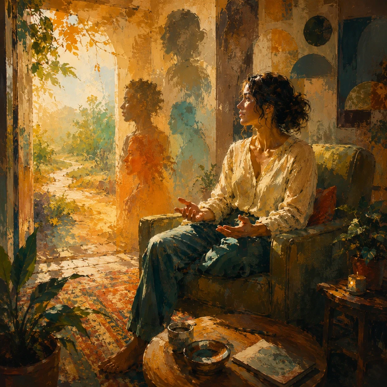 Expressionist-style image of an adult seated in a warm therapy space, with softly layered figures and an open path suggesting curiosity and reflection.