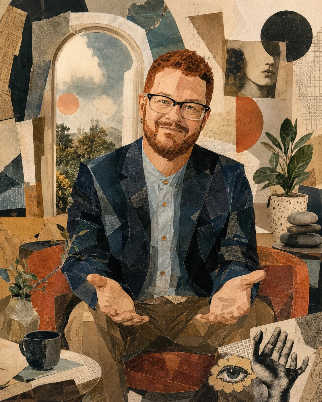 Dada-inspired collage portrait of a male therapist in a warm, welcoming therapy space with layered natural and symbolic elements.