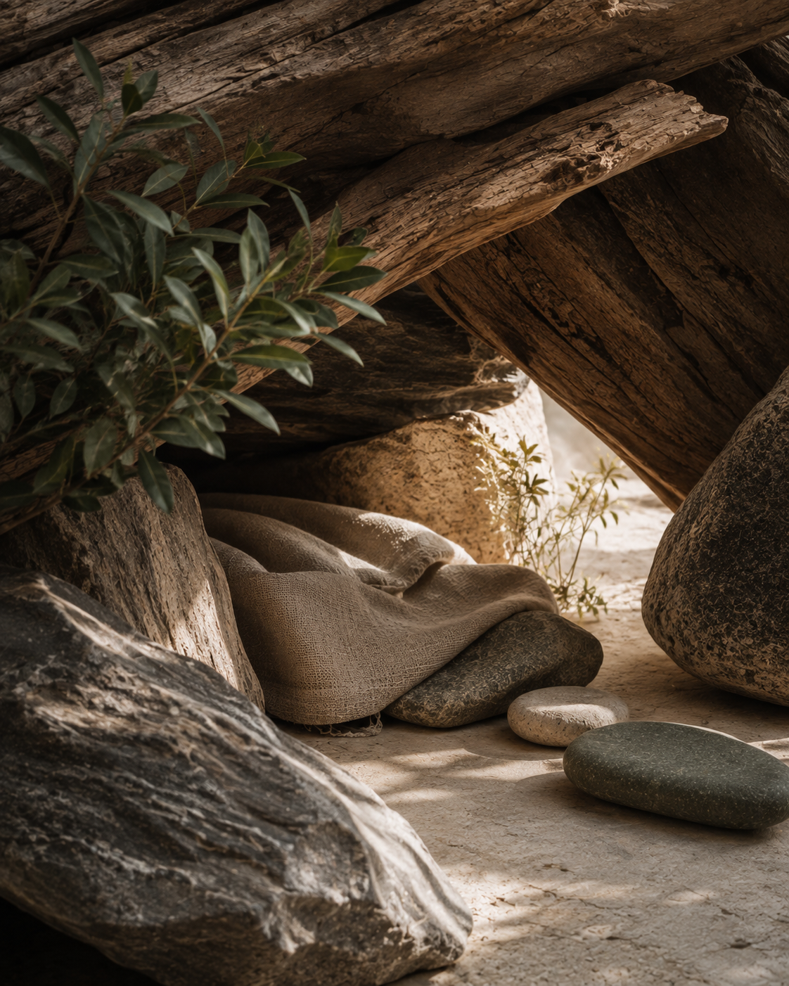 A sheltered arrangement of weathered wood, stone, soft linen, and restrained greenery holds both protective shadow and gentle daylight, suggesting adaptation, safety, and expanding possibility.
