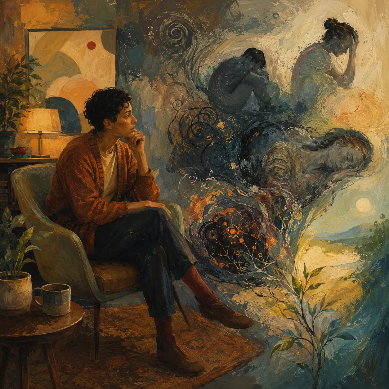 Expressionist-style image of an adult seated in a warm room, looking toward swirling shadowed figures and soft light that suggest burnout, reflection, and renewal.