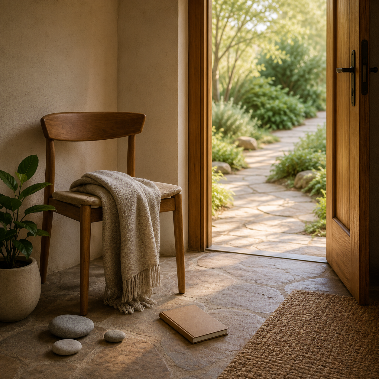 Hyperrealistic image of a quiet chair with a folded blanket beside an open doorway and garden path, suggesting transition, steadiness, and life beyond survival.