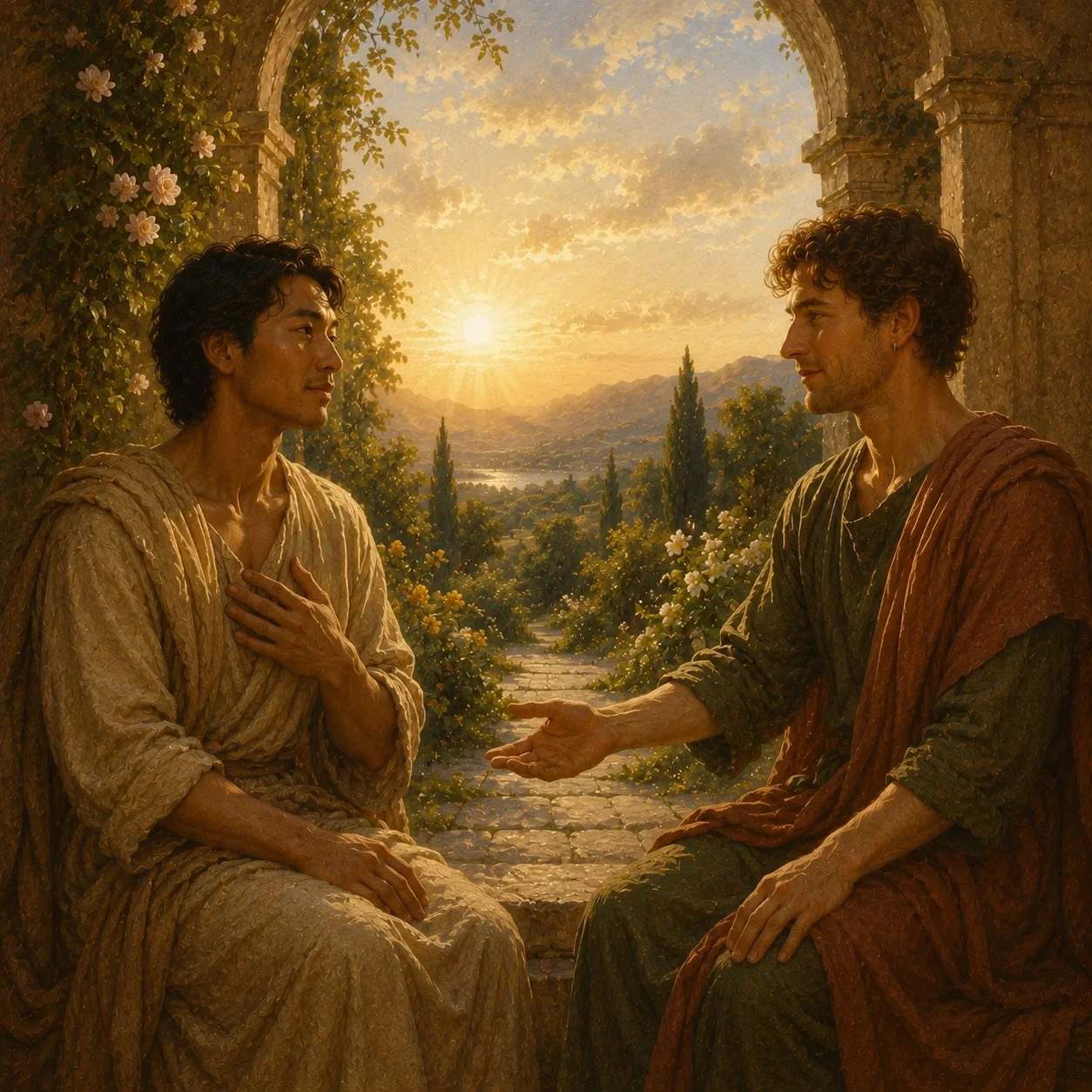 Two men sit beneath a sunlit stone archway, facing one another with open gestures and a peaceful garden path behind them.