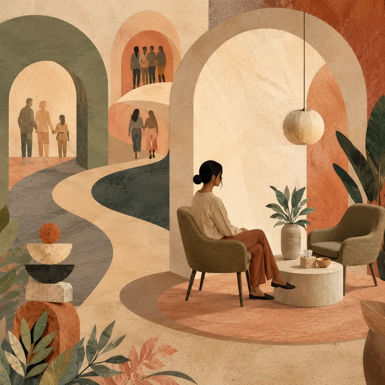 Postmodern therapy-inspired scene with an adult therapy space, distant family silhouettes, warm arches, and an inquisitive mood.