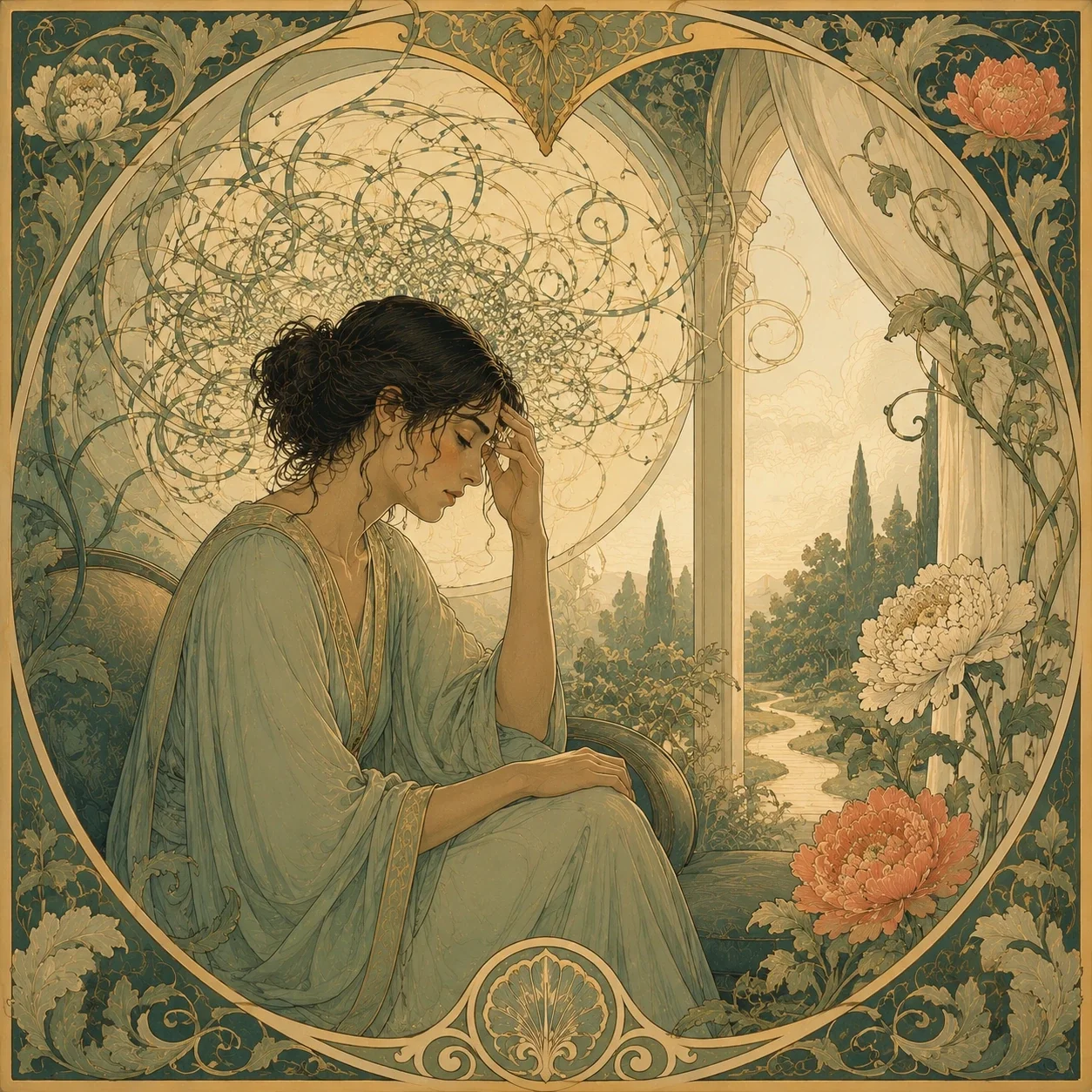 Art Nouveau-style illustration of a contemplative adult seated near an open archway, with swirling thought-like lines above them and a calm landscape beyond, symbolizing anxiety, overthinking, and the possibility of grounding.