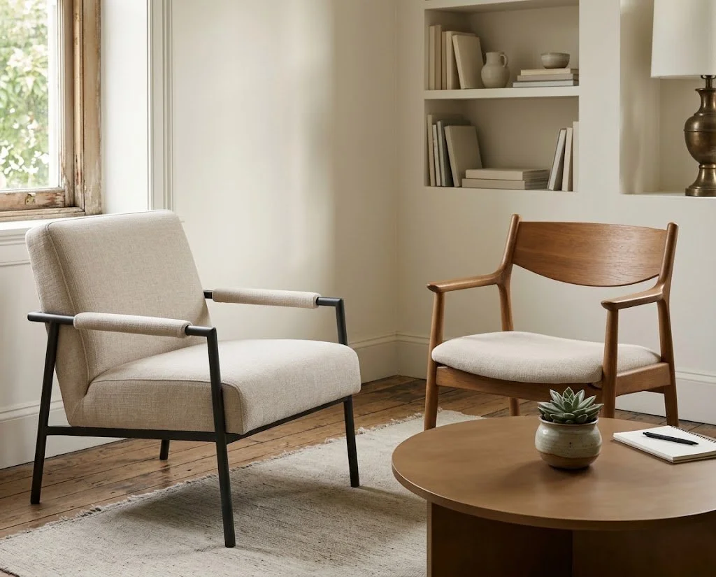 Two comfortable, nonmatching cream armchairs face a round wooden table holding a potted plant and notebook, set in a sunlit room with built-in shelves filled with books.