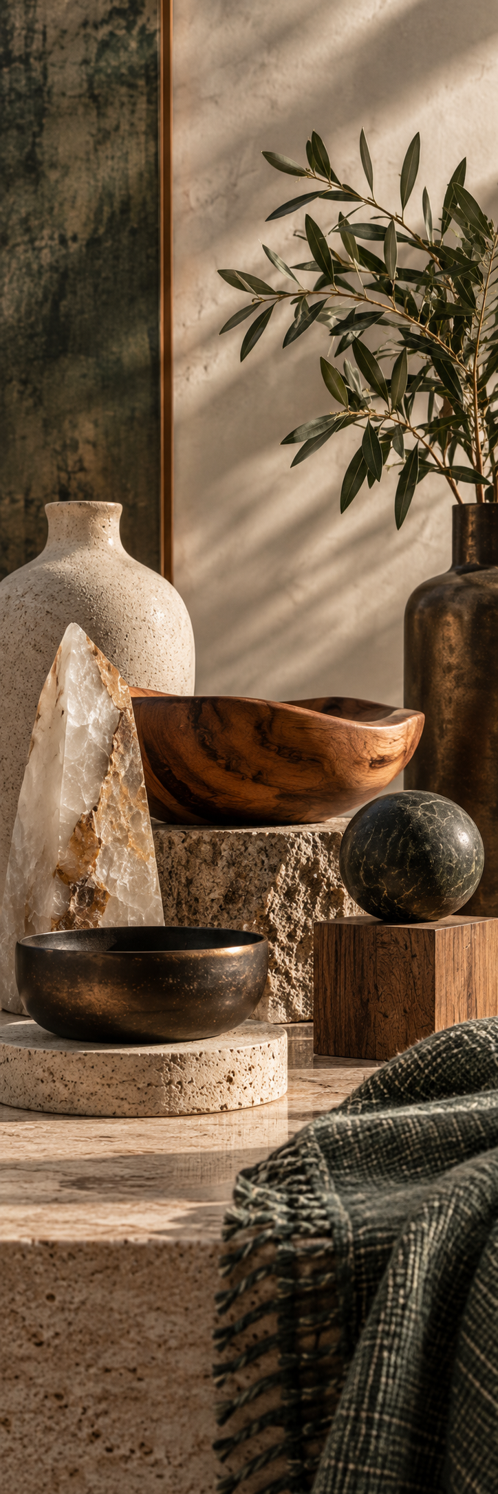 Wood, ceramic, stone, translucent mineral, dark metal, and sage textile share a warm sunlit composition, reflecting complexity, integration, distinct perspectives, and whole-person understanding.